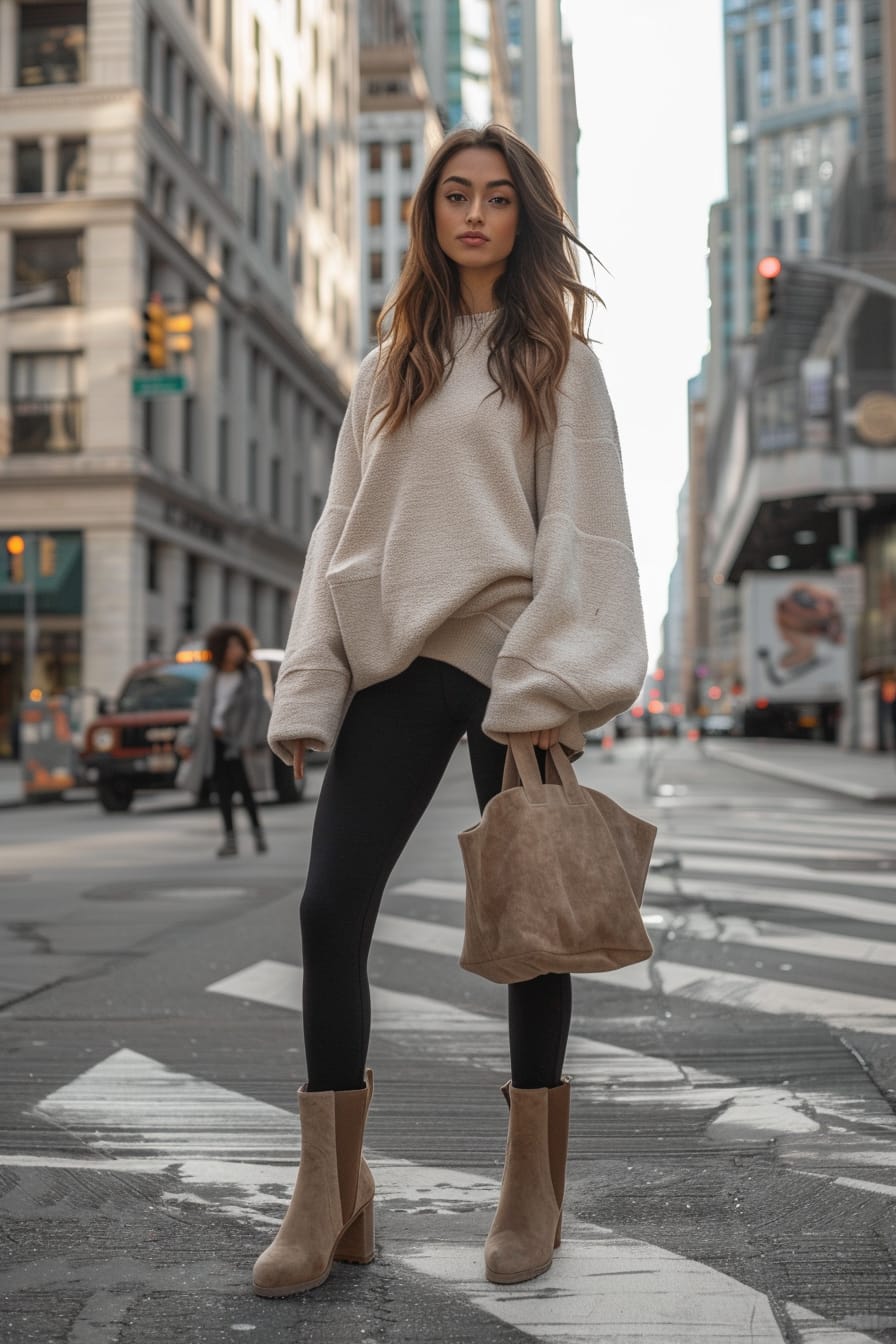  A full-length image of a young woman with wavy brunette hair, wearing black leggings, tan suede ankle boots, a white oversized sweater, and a tan tote bag. City street background, morning.
