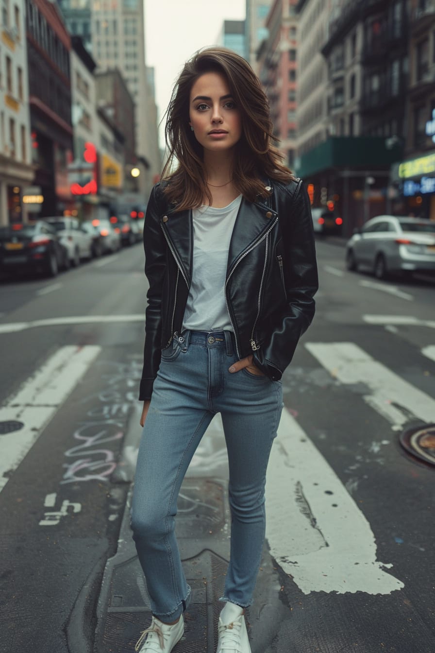  A full-length image of a young woman with shoulder-length brunette hair, wearing a fitted black leather jacket, light blue denim jeans, and white sneakers. She stands in a bustling city street, early evening.