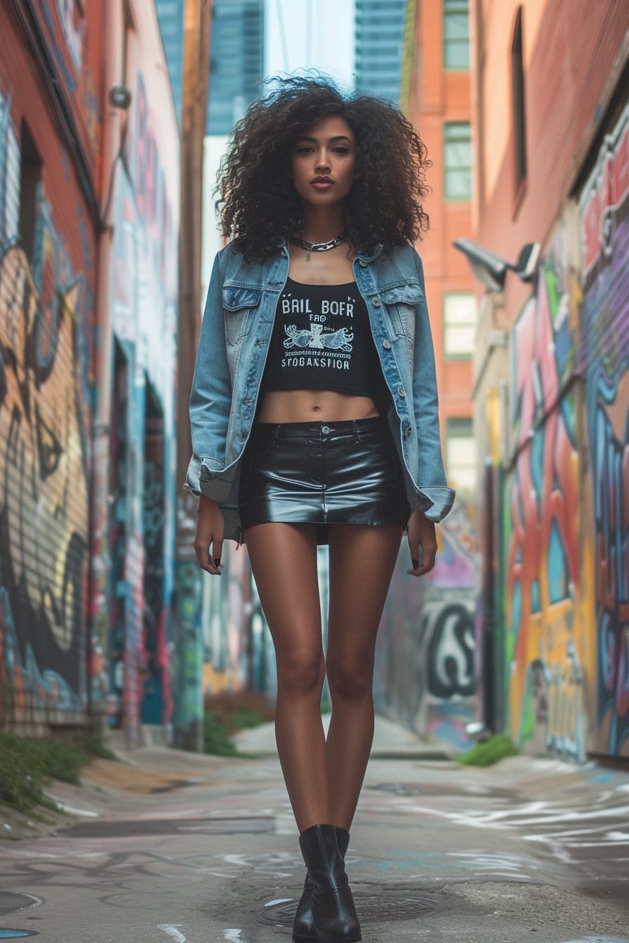  A full-length image of a young woman with curly hair, wearing a short, flared leather skirt, a graphic tee, and a denim jacket, walking through a graffiti-filled alley, late afternoon.