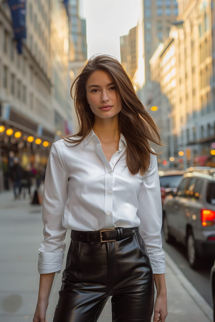 A full-length image of a young woman with sleek brown hair, wearing a black leather pencil skirt paired with a white button-down shirt, standing on a bustling city street, early evening.