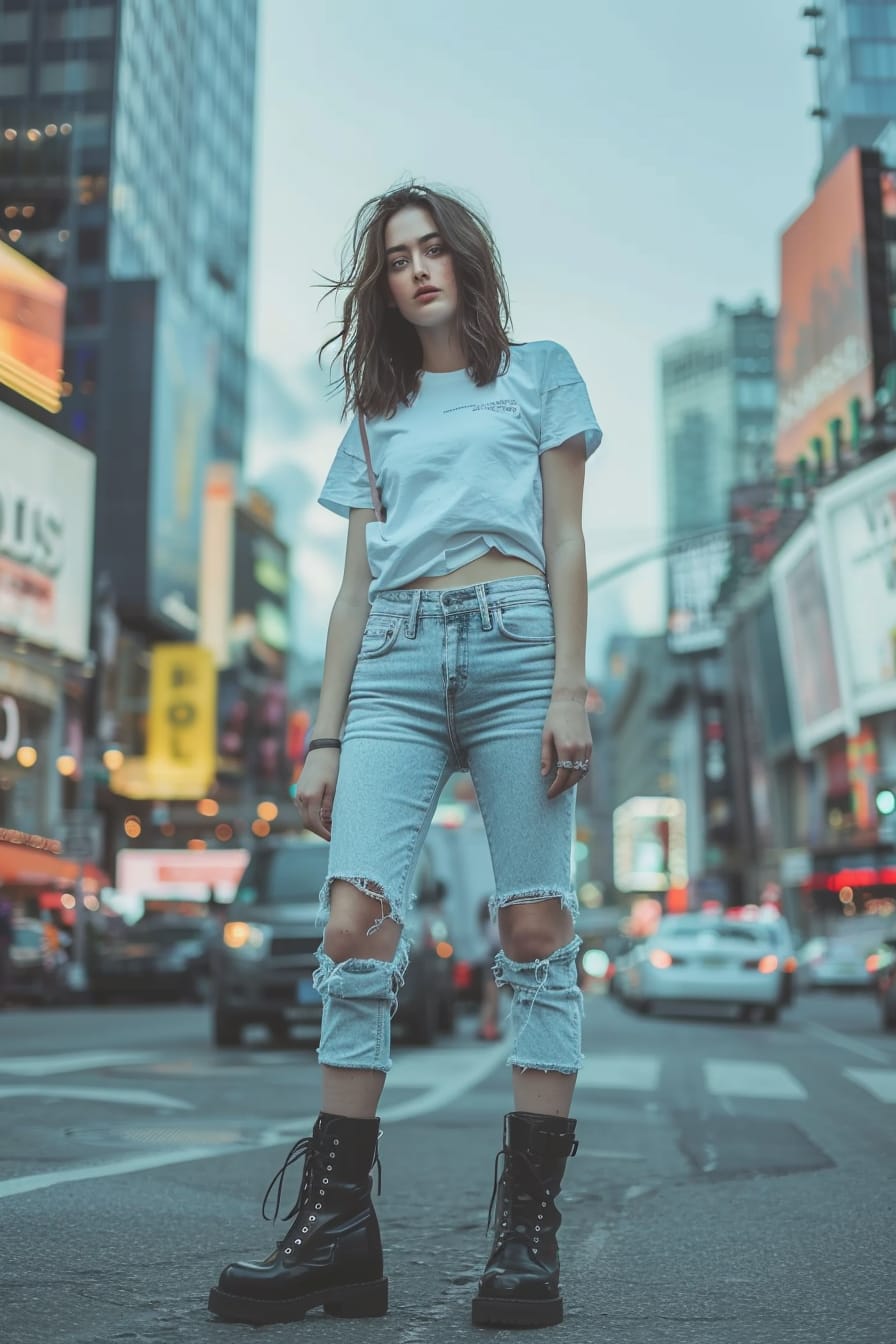  A full-length image of a young woman with medium-length brunette hair, wearing black leather combat boots, light blue ripped jeans, and a white oversized t-shirt. She's standing on a bustling city street, late afternoon.