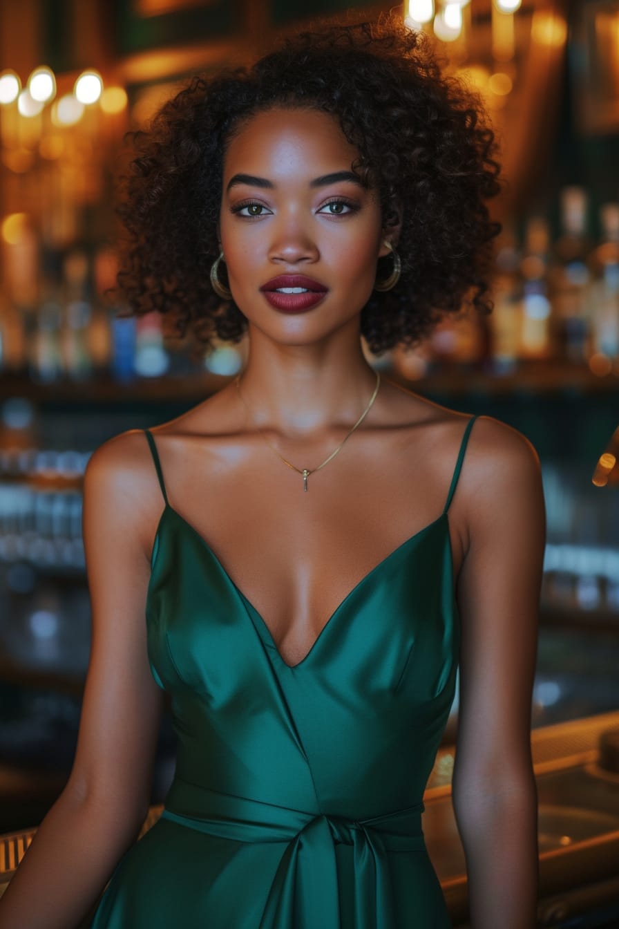  A young woman with soft curls, wearing a sleek, emerald green cocktail dress, standing against a dimly lit, elegant bar backdrop, evening.