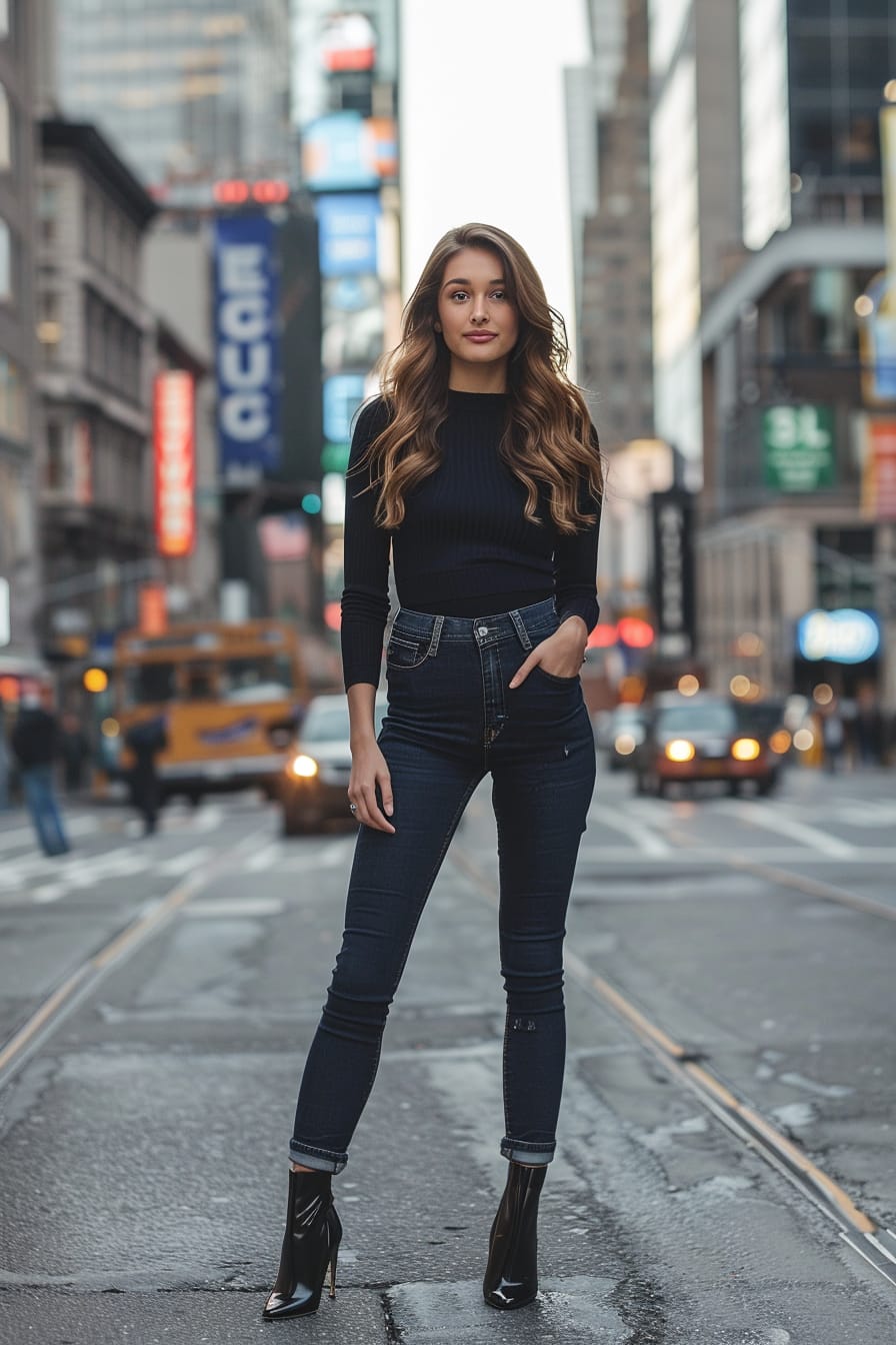 A full-length image of a young woman with wavy brunette hair, wearing high-waisted, dark blue skinny jeans paired with glossy black stiletto heels, standing on a bustling city street, early evening.