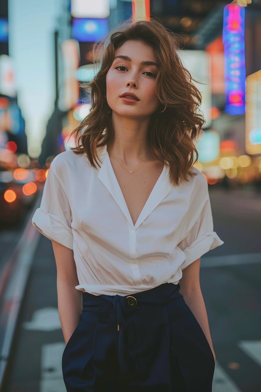  A full-length image of a young woman with wavy brunette hair, wearing high-waisted, navy blue cropped pants, a white button-up blouse, standing on a bustling city street, early evening.