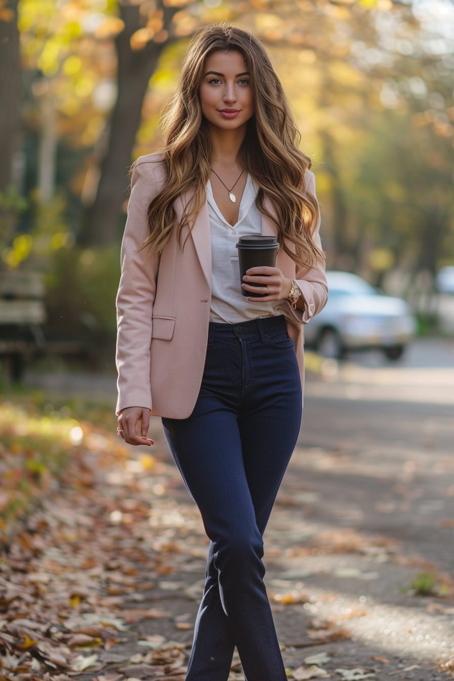 A full-length image of a young woman with long, brown hair, wearing the navy blue cropped pants with a pastel pink blazer, holding a coffee cup, walking through a park, morning.