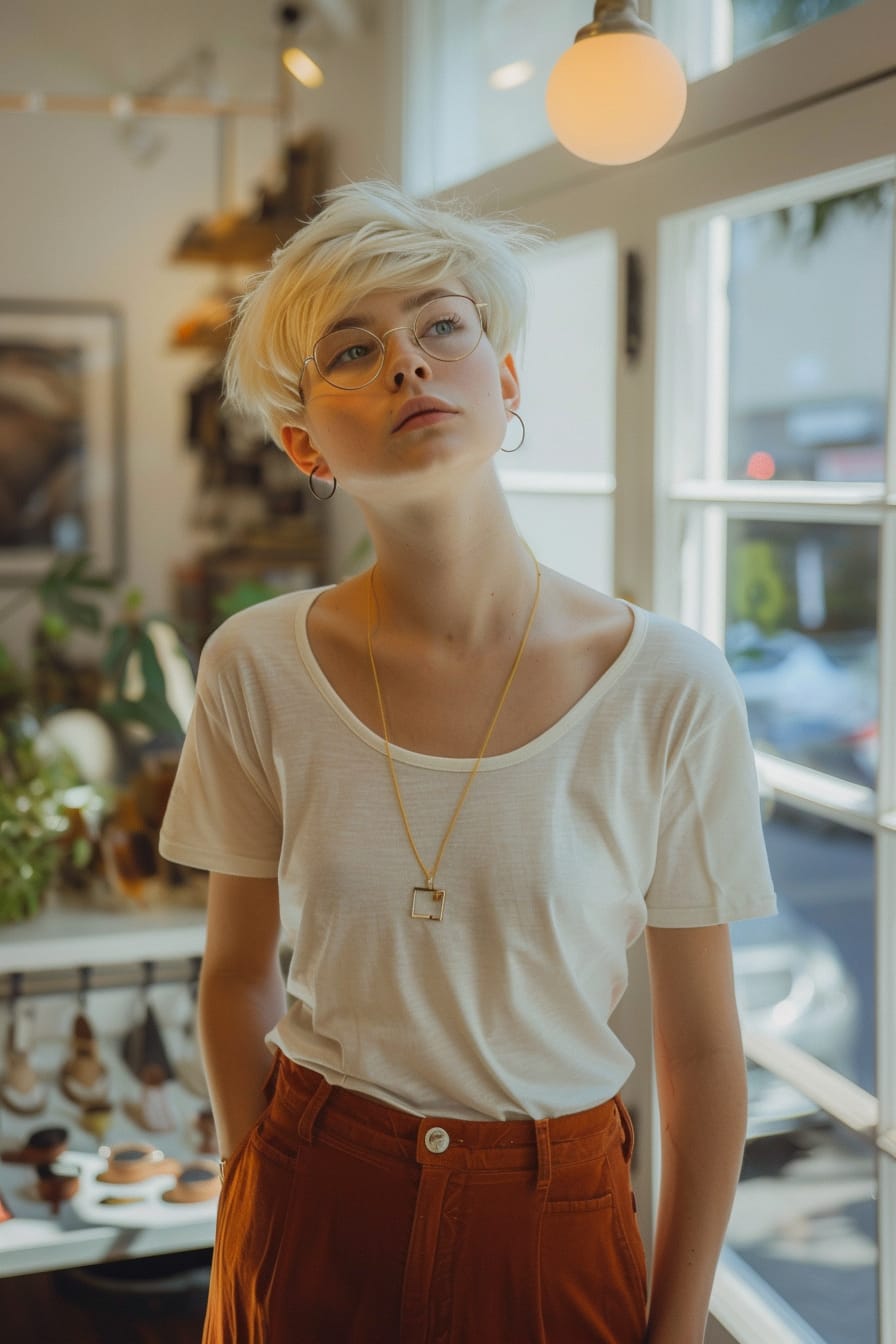  A full-length image of a young woman with short blonde hair, examining various styles of cropped pants in a brightly lit, modern boutique, midday.