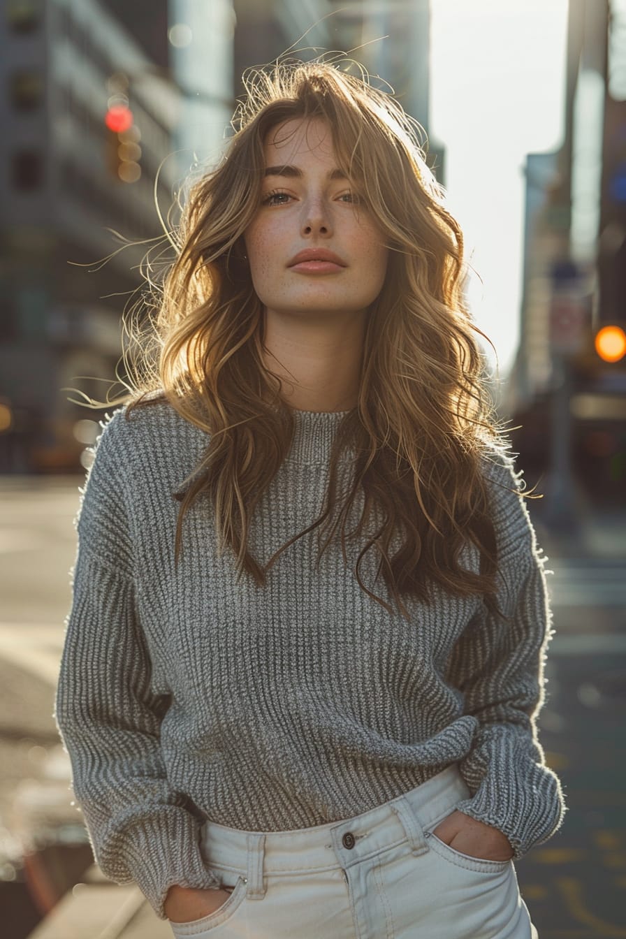  A full-length image of a young woman with wavy brown hair, wearing white jeans paired with a chunky, oversized grey sweater, standing on a bustling city street, late afternoon, soft golden sunlight.