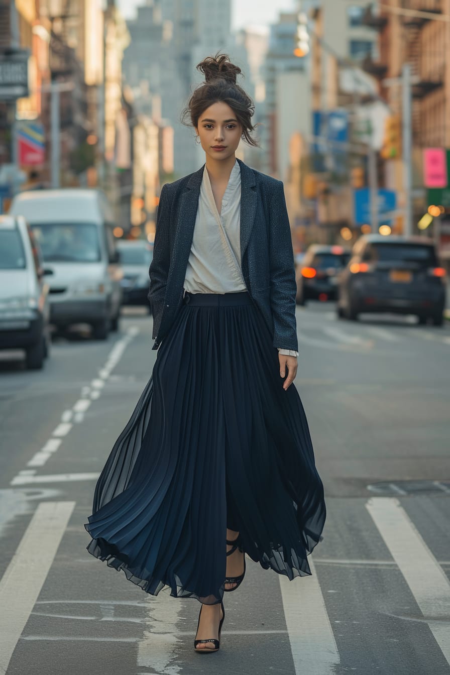  A full-length image of a young woman with dark hair in a bun, wearing a chiffon midi skirt, pointed-toe flats, and a blazer, bustling city background, morning.