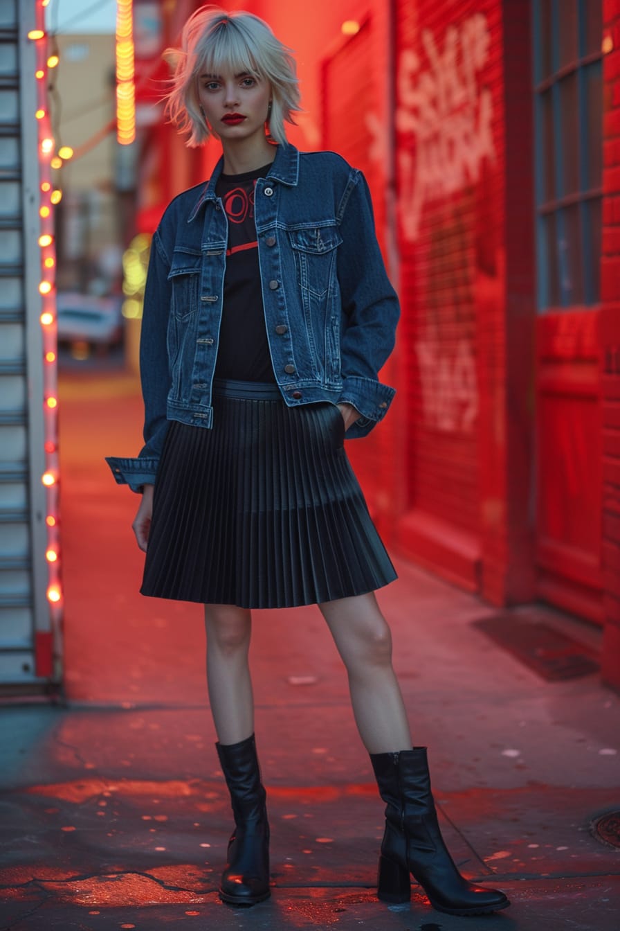  A full-length image of a young woman with short blonde hair, wearing a pleated midi skirt, black leather ankle boots, and a denim jacket, urban setting, evening.