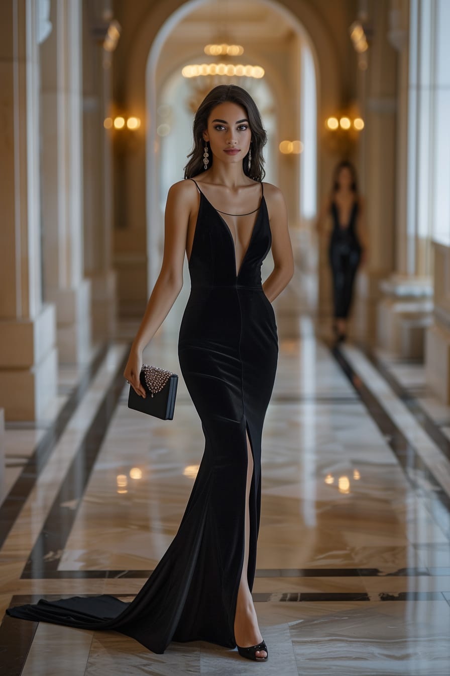  A young woman standing on a polished marble floor, showcasing black satin high heels and holding a small, embellished black clutch, with the hem of a black silk gown visible, elegant indoor setting, soft lighting.