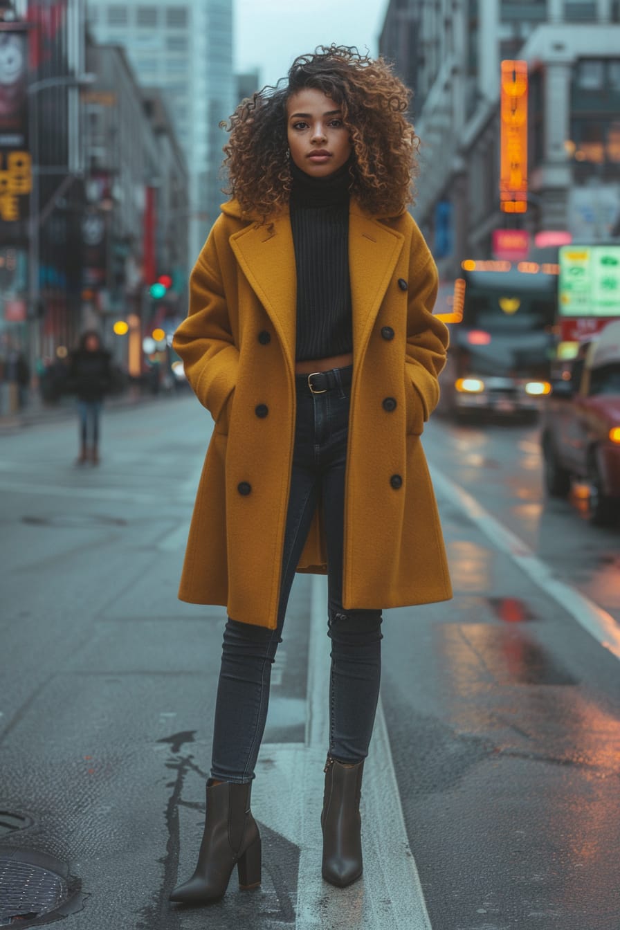  A full-length image of a young woman with curly hair, wearing a mustard yellow wool coat, black skinny jeans, and ankle boots, standing on a bustling city street, evening, soft street lights illuminating the scene.