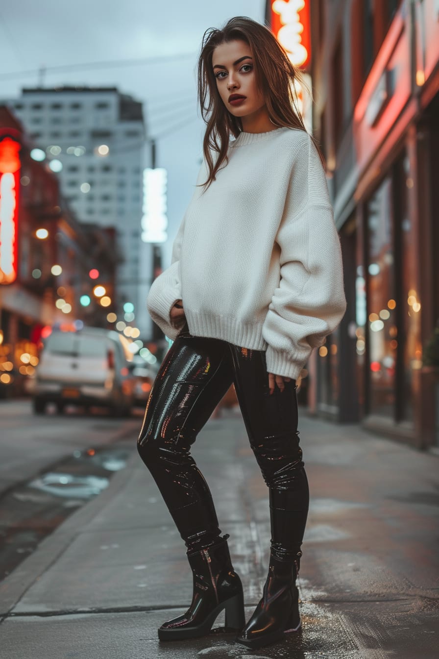  A full-length image of a young woman with a sleek ponytail, wearing black patent leather leggings, a white oversized sweater, and black ankle boots, standing on a city street, evening.