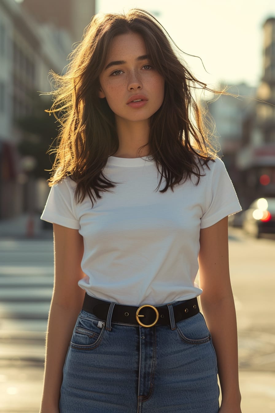  A full-length image of a young woman with wavy brunette hair, wearing a simple white tee tucked into high-waisted jeans, cinched at the waist with a black Gucci belt. She's standing on a bustling city street, late afternoon sunlight casting a warm glow.