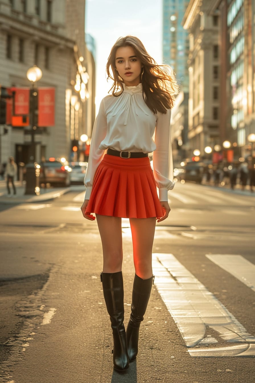 A full-length image of a young woman with wavy brunette hair, wearing black knee-high boots, a short red flared skirt, and a white blouse. She's walking on a bustling city street, early evening, the golden hour lighting enhancing the urban vibe.