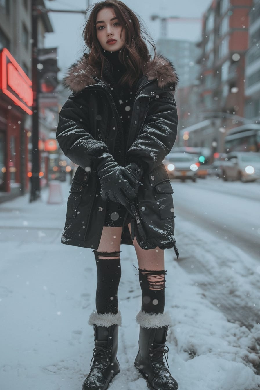  A full-length image of a young woman with medium-length brunette hair, wearing stylish, waterproof leather boots with faux fur trim, standing in an urban, snowy setting, dusk.