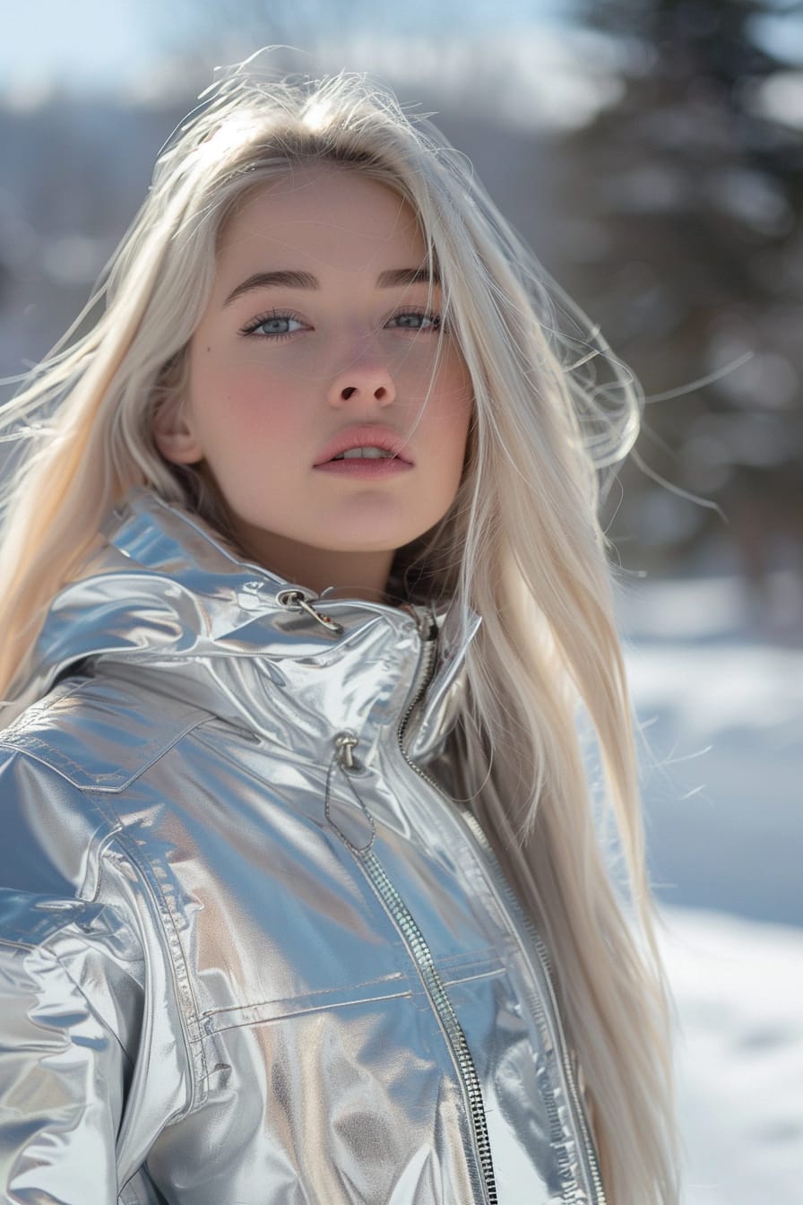 A full-length image of a young woman with long blonde hair, wearing a metallic silver ski jacket and white ski pants, urban snowy background, late afternoon.