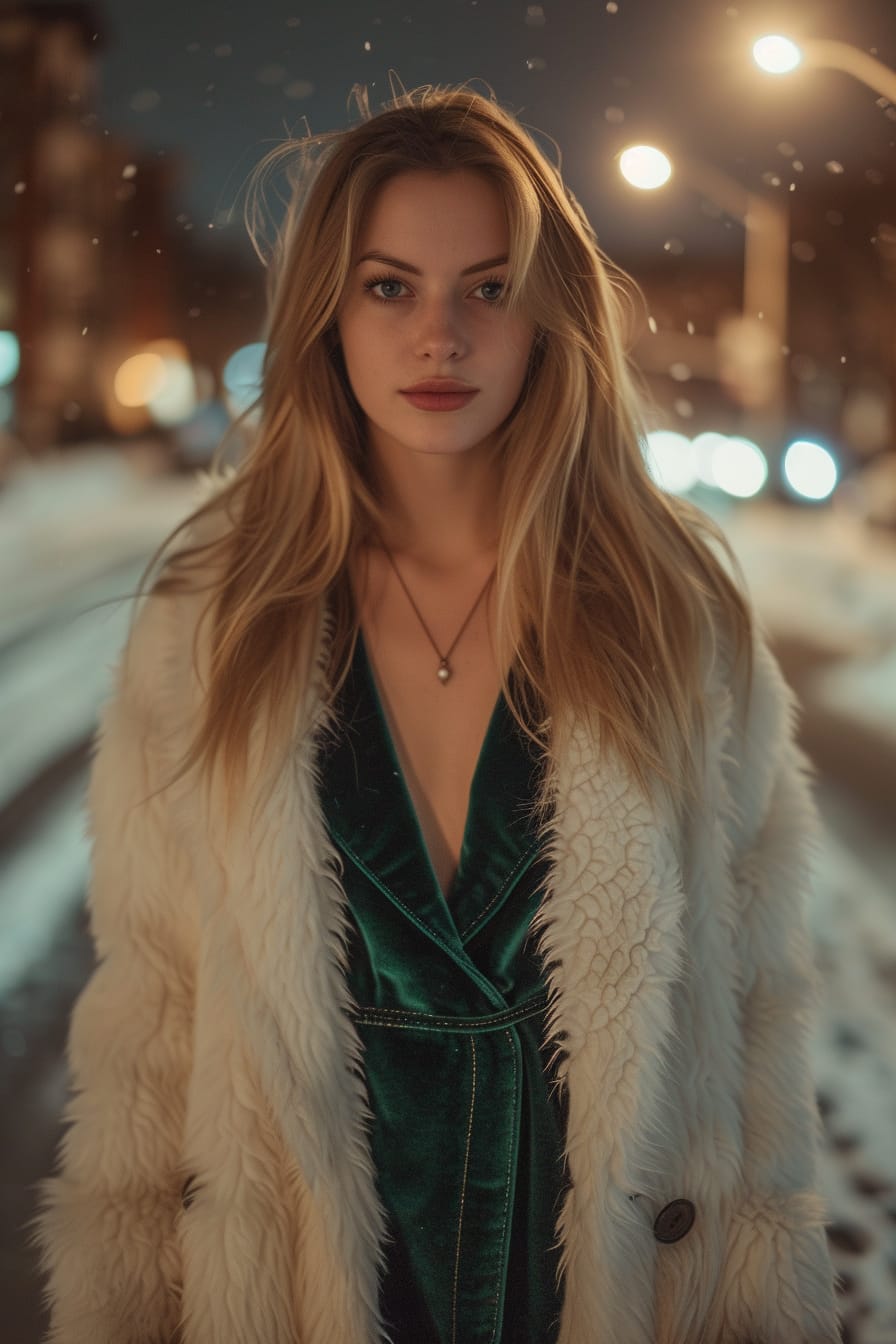  Full-length image of a young woman with long blonde hair, wearing a dark green velvet midi dress and a white faux fur coat. She's standing on a snowy city street at night, streetlights casting a soft glow.