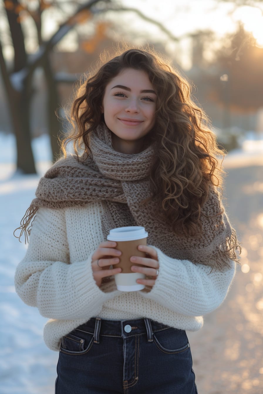  A young woman with curly brown hair, wearing a chunky knit scarf, oversized white sweater, and dark blue jeans. She's holding a steaming cup of coffee, city park with snow-covered trees in the background, morning light.