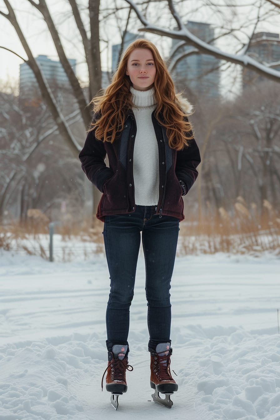  Full-length image of a young woman with wavy ginger hair, wearing a white moisture-wicking base layer, a burgundy fleece, and a navy waterproof jacket. She's standing in a snowy urban park, holding a pair of ice skates, late afternoon.