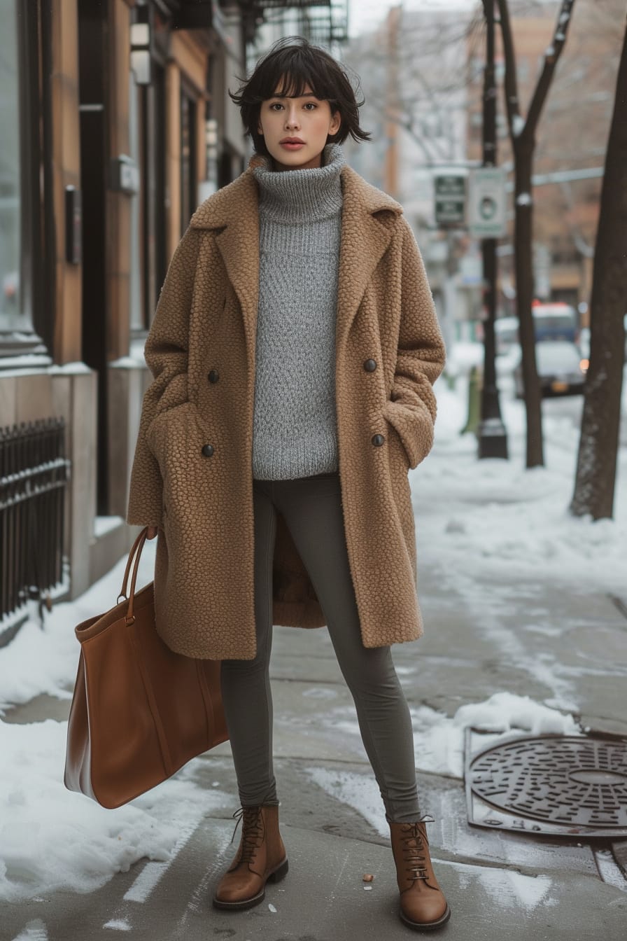  Full-length image of a young woman with short black hair, wearing thermal leggings, a gray turtleneck sweater, and a long camel wool coat. She's standing on a snowy city sidewalk, carrying a leather tote bag, late afternoon.
