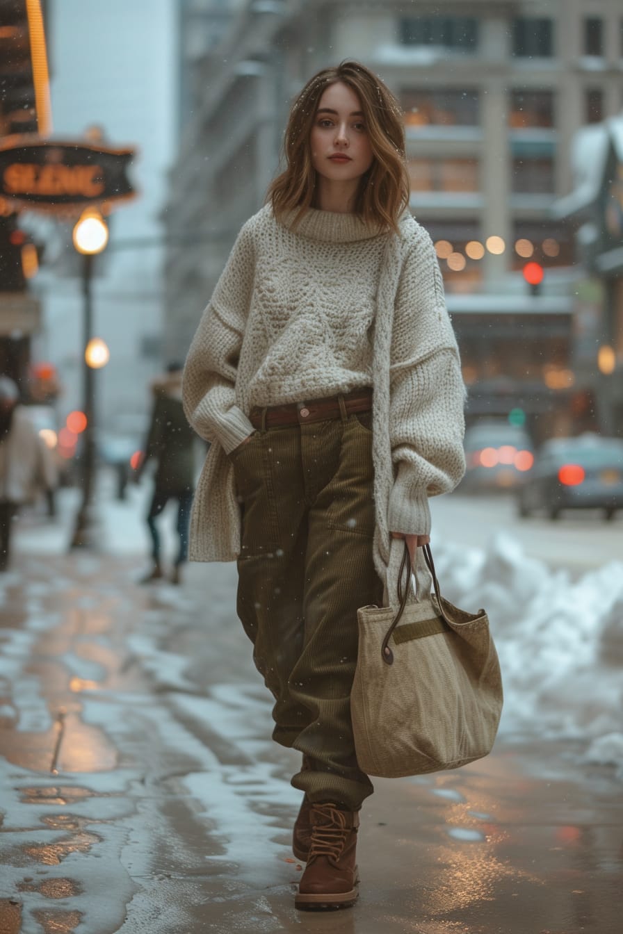  A young woman with shoulder-length light brown hair, wearing a chunky knit sweater, olive green corduroy pants, and brown ankle boots. She's walking through a city square with a large tote bag, snow gently falling, early evening.