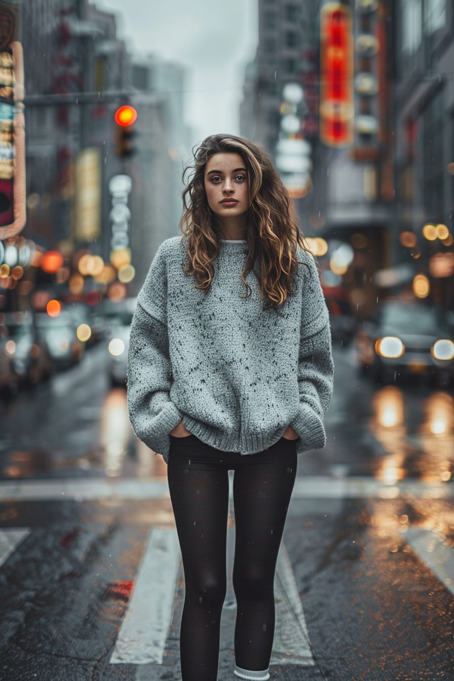  A full-length image of a young woman with wavy brown hair, wearing black leggings, chunky white socks pulled over the leggings, a cozy oversized grey sweater, standing on a bustling city street, early evening, soft lighting.