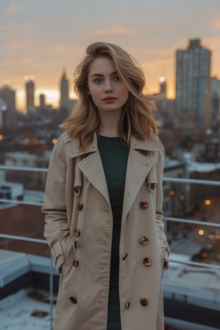  A full-length image of a young woman with shoulder-length blonde hair, wearing a beige lightweight trench coat, dark green fitted dress, and brown ankle boots, standing in front of a city skyline view from a rooftop, twilight.