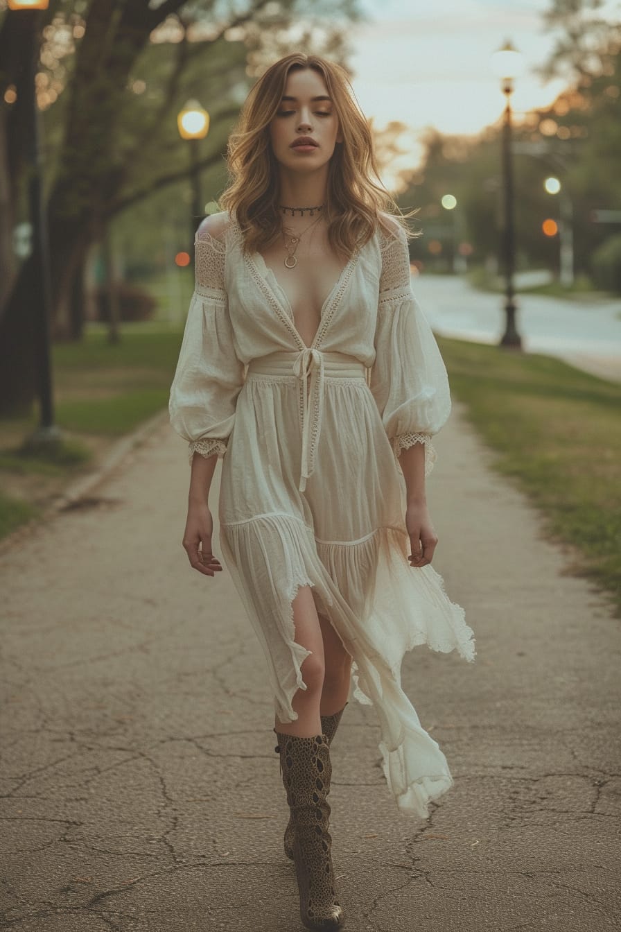  A full-length image of a young woman with wavy, shoulder-length hair, wearing a flowing, white midi dress, complemented by mid-calf snakeskin boots. She's walking through a city park, early evening, with the path softly lit by street lamps.