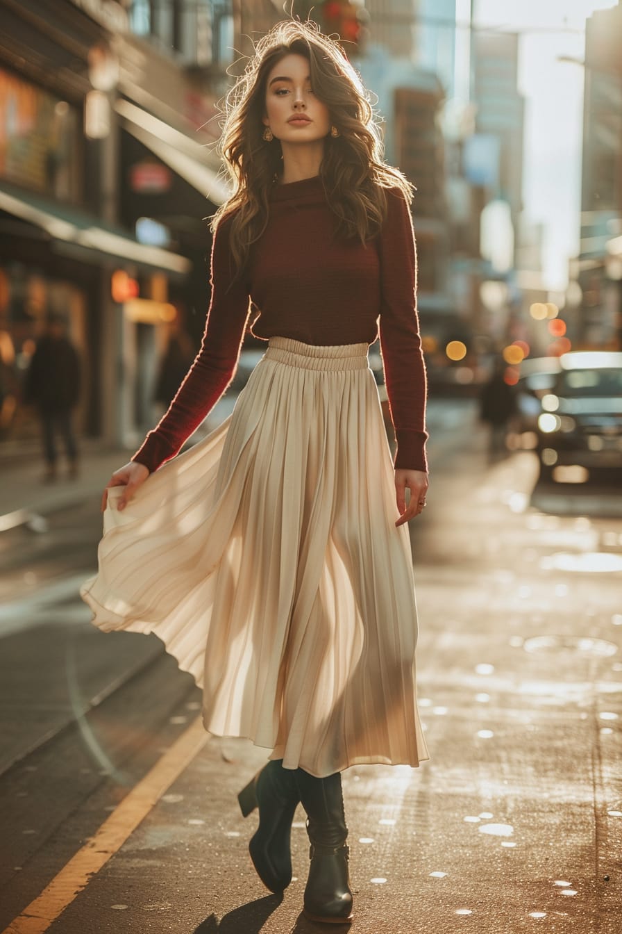  A full-length image of a young woman with wavy brunette hair, wearing dark blue wide-calf boots, a flowing cream-colored midi skirt, and a fitted maroon sweater. She's standing on a bustling city street, with the golden glow of a late afternoon sun illuminating the scene.