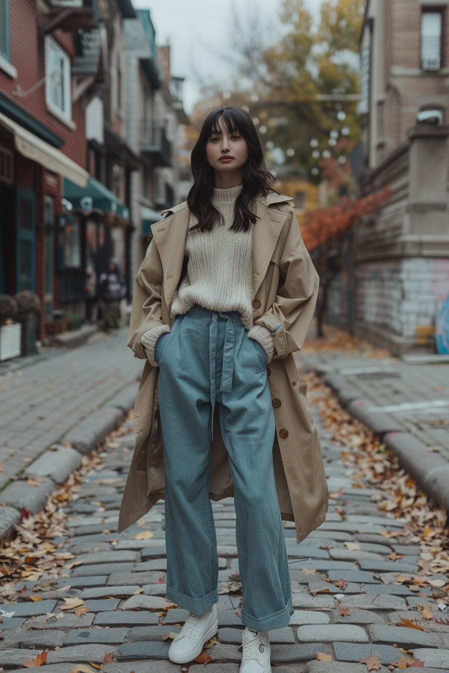  A full-length image of a young woman with dark hair, wearing slate blue linen pants, a chunky knit sweater in cream, and a long tan trench coat, standing on a cobblestone street with fallen leaves, overcast day.