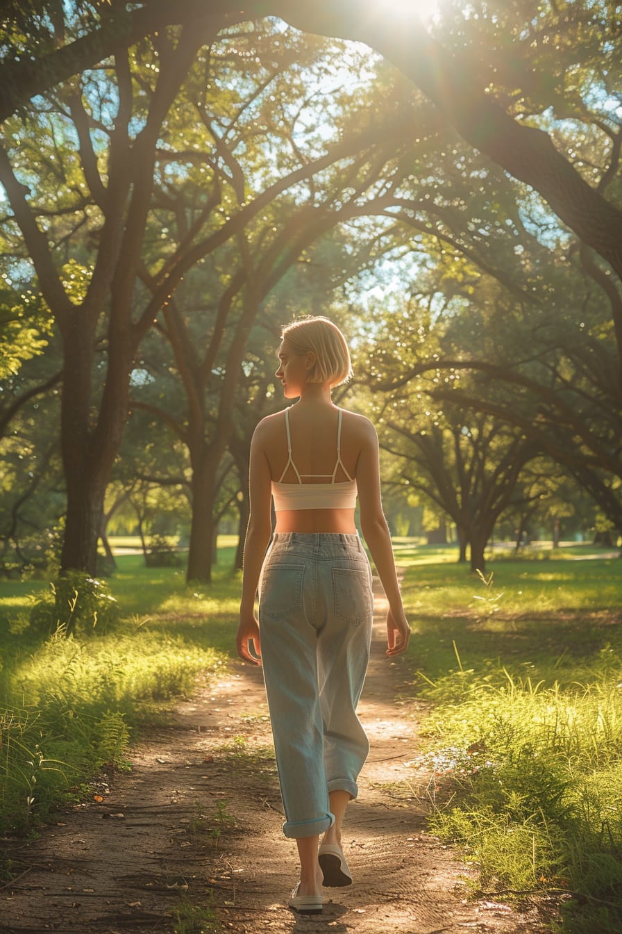  A full-length image of a young woman with short blonde hair, wearing sky blue linen pants and a fitted white tank top, walking through a sunlit urban park, midday.