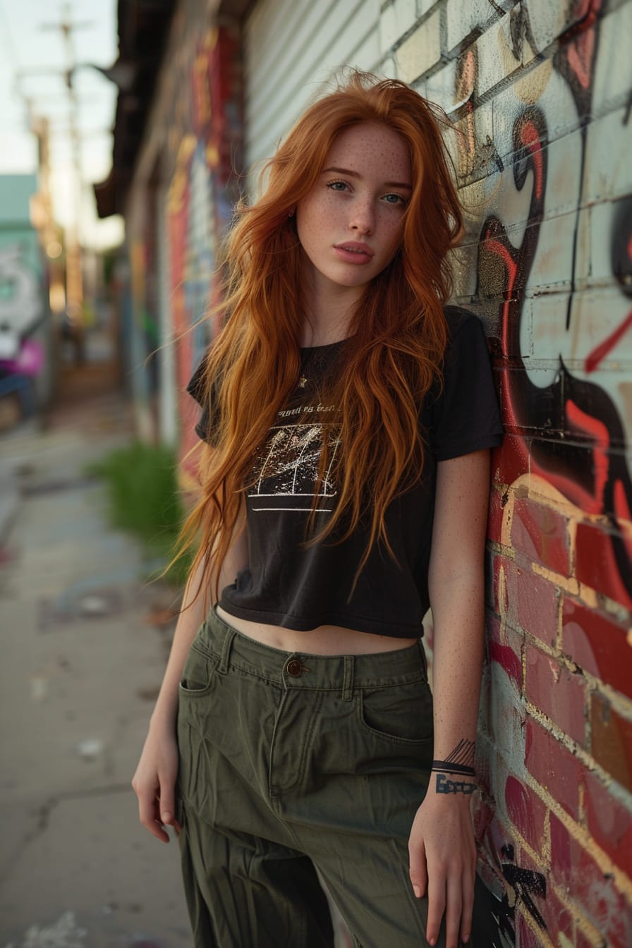  A full-length image of a young woman with long red hair, wearing olive green linen pants and a black graphic tee, leaning against a brick wall in a graffiti-filled urban alley, late afternoon.