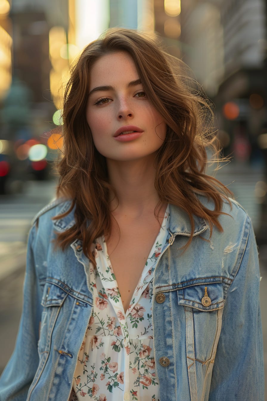  A full-length image of a young woman with medium-length brown hair, wearing a light blue denim jacket over a white floral midi dress, standing on a city street, early evening.