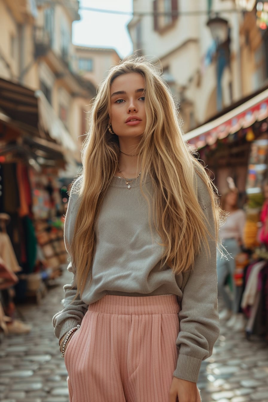  A full-length image of a young woman with long blonde hair, wearing puddle pants in a pastel pink hue, paired with a grey fitted sweater and minimalist silver jewelry, browsing through a street market, mid-morning light.