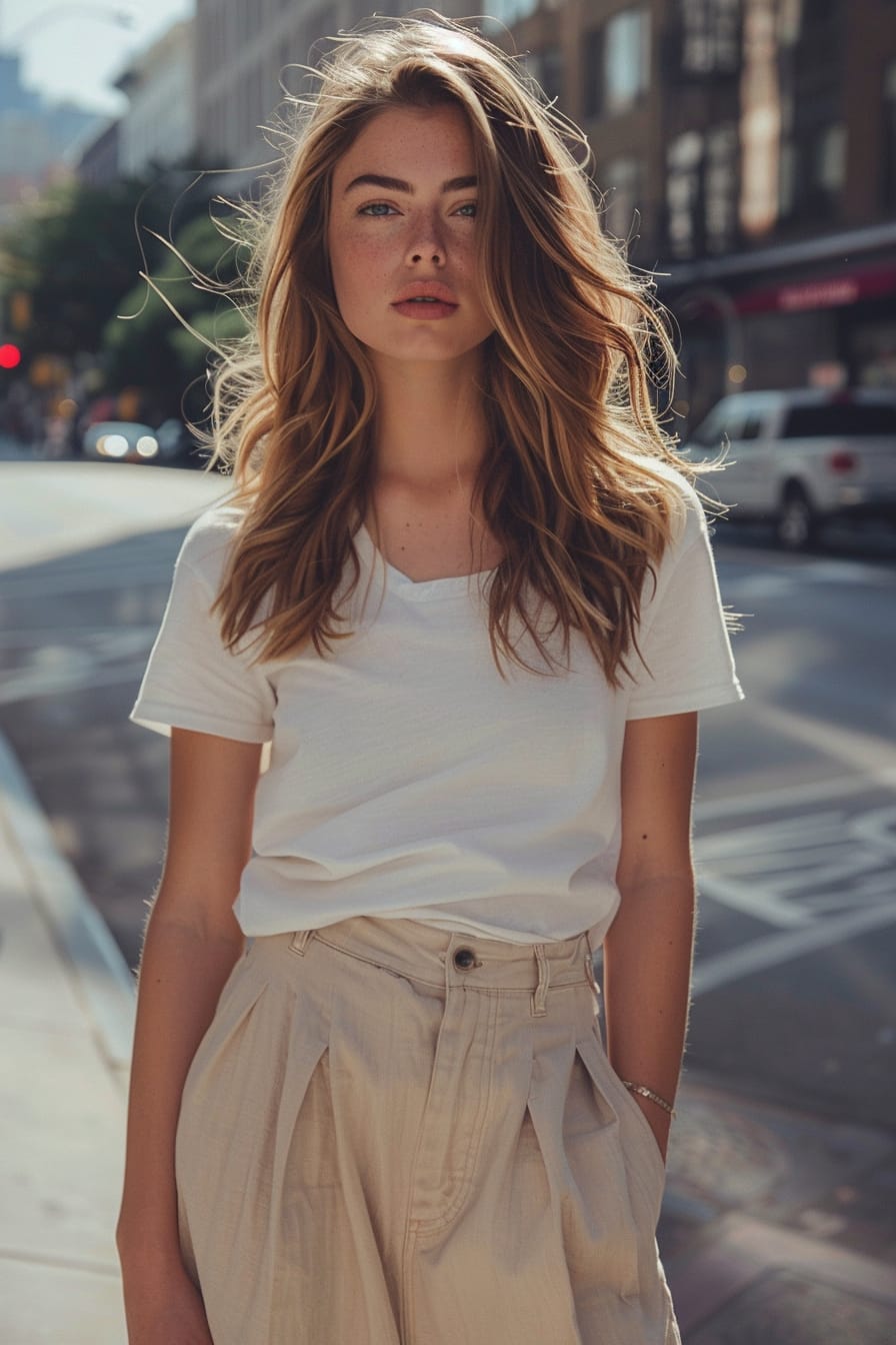  A full-length image of a young woman with wavy brown hair, wearing high-waisted, wide-legged puddle pants in a soft beige color, paired with a fitted white t-shirt, standing on a bustling city street, late afternoon light.