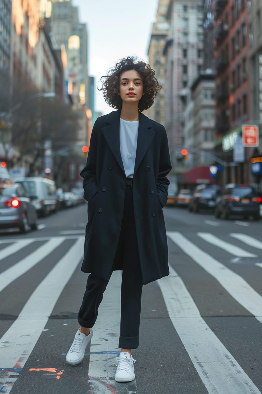  A full-length image of a stylish young woman with short curly hair, wearing puddle pants in navy blue, a fitted black blazer, and white sneakers, casually walking across a zebra crossing in the city, early evening.