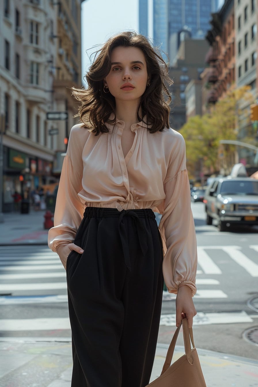  A full-length image of a young woman with medium-length brunette hair, wearing black wide-leg sweatpants, a soft pink silk blouse, and holding a tan leather tote bag, crossing a city street, midday.
