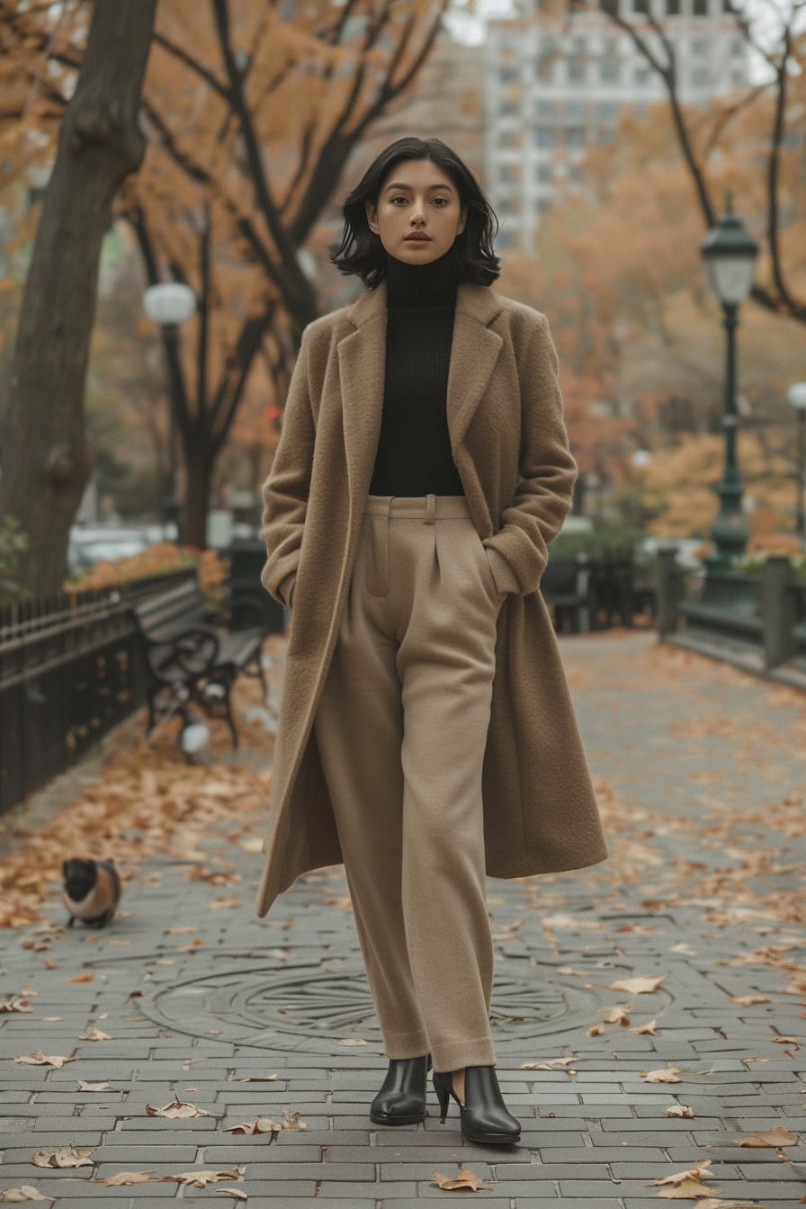  A full-length image of a young woman with sleek black hair, wearing wide-leg sweatpants in a soft beige, paired with a fitted black turtleneck and a camel-colored wool coat, walking through a city park, morning.