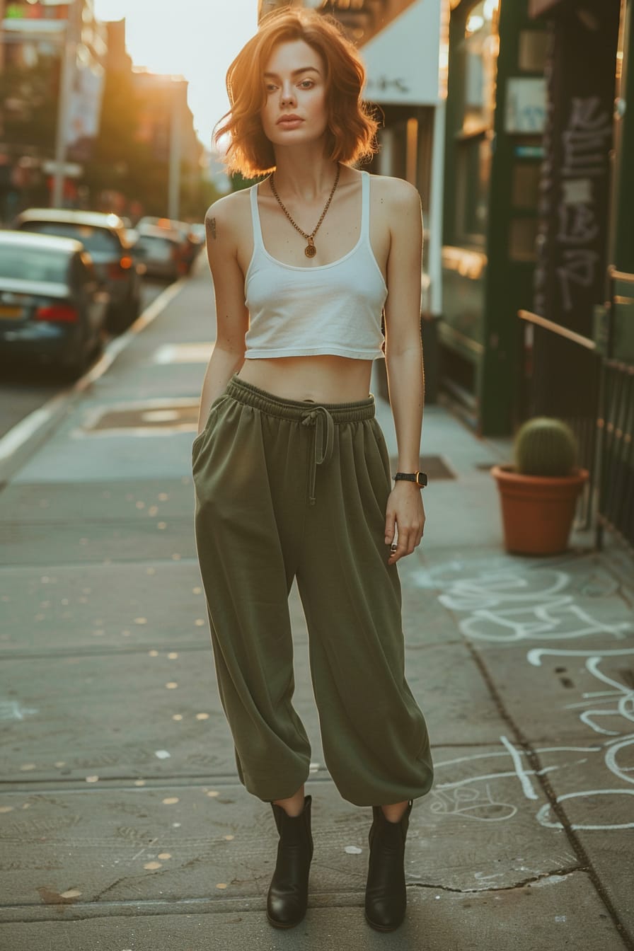  A full-length image of a young woman with short red hair, wearing olive green wide-leg sweatpants, a white tank top, and black ankle boots, standing on a city sidewalk, sunset.