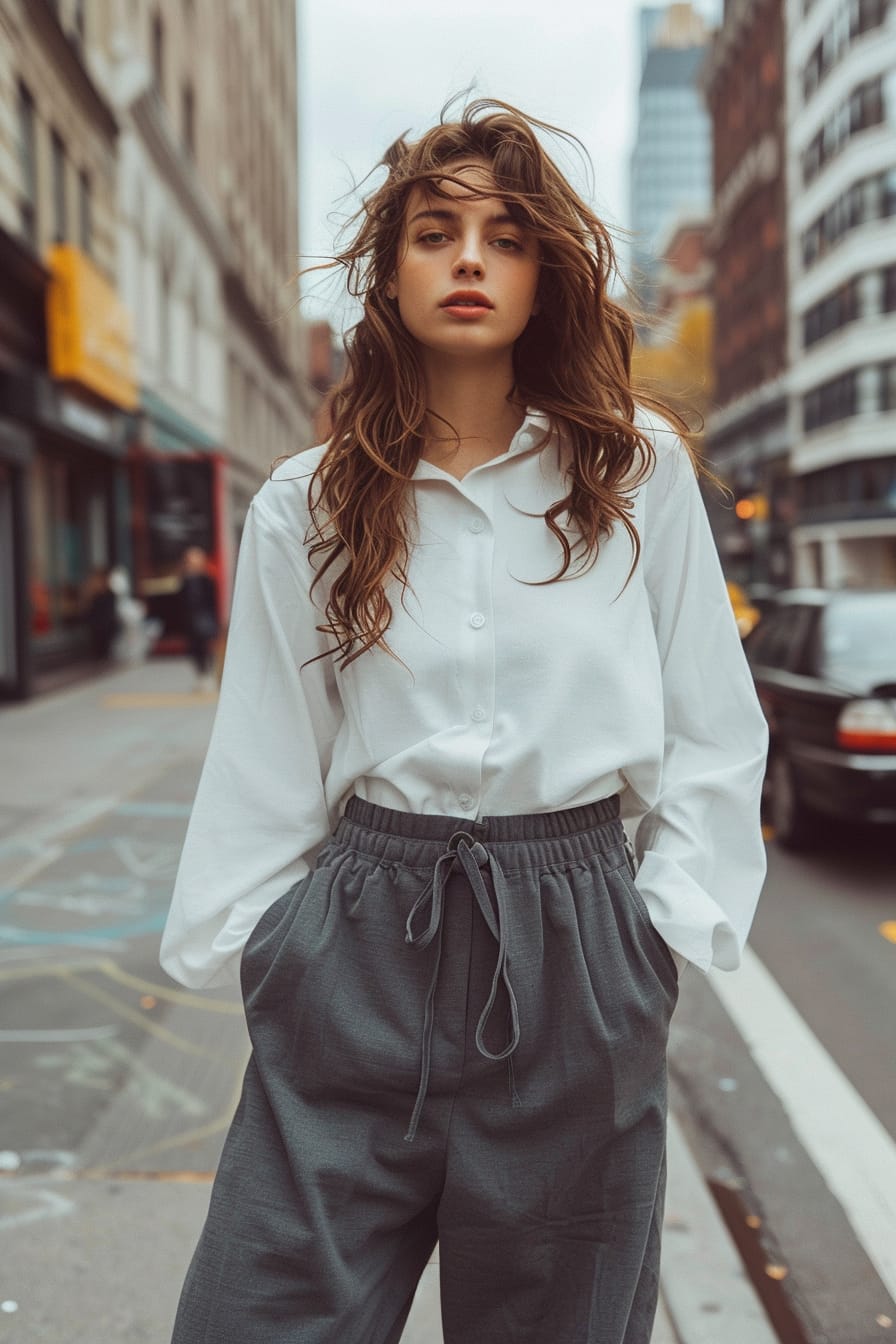  A full-length image of a young woman with wavy brown hair, wearing charcoal gray wide-leg sweatpants paired with a crisp white button-up shirt, standing on a bustling city street, late afternoon.