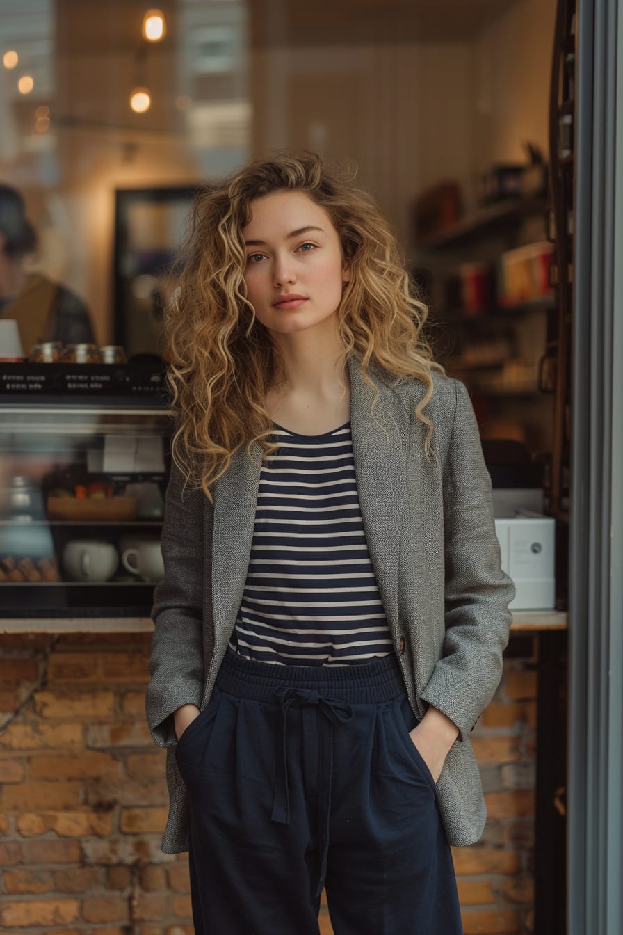  A full-length image of a young woman with curly blonde hair, wearing navy wide-leg sweatpants, a striped fitted top, and a light gray blazer, standing in front of a coffee shop, early evening.