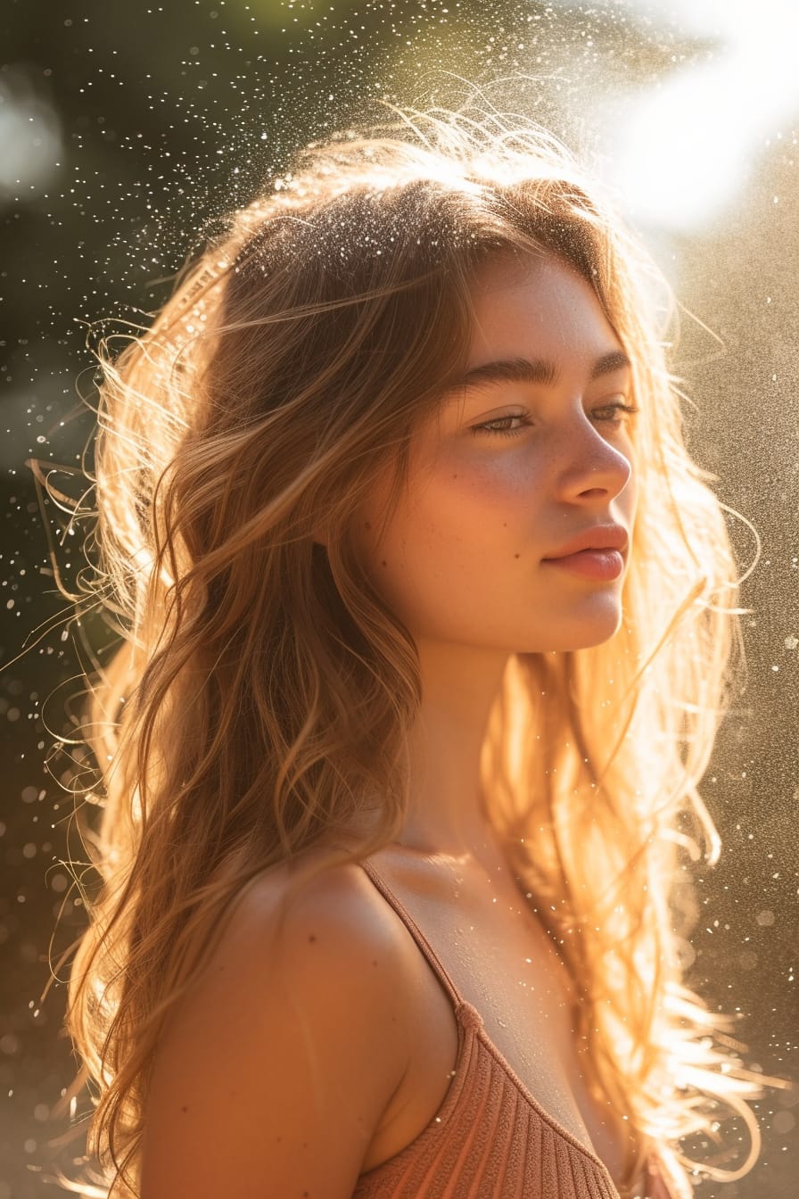  A young woman with perfect beach waves, spraying a texturizing spray onto her hair, blurred background of a sunny, outdoor setting.