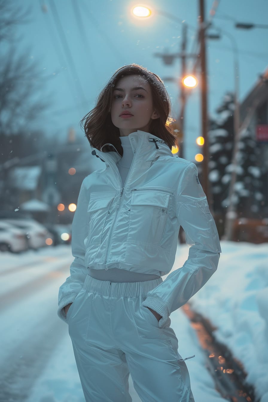  A full-length image of a young woman with brunette hair, wearing a sleek, fitted white ski jacket and matching ski pants, standing on a snowy urban street, early evening.