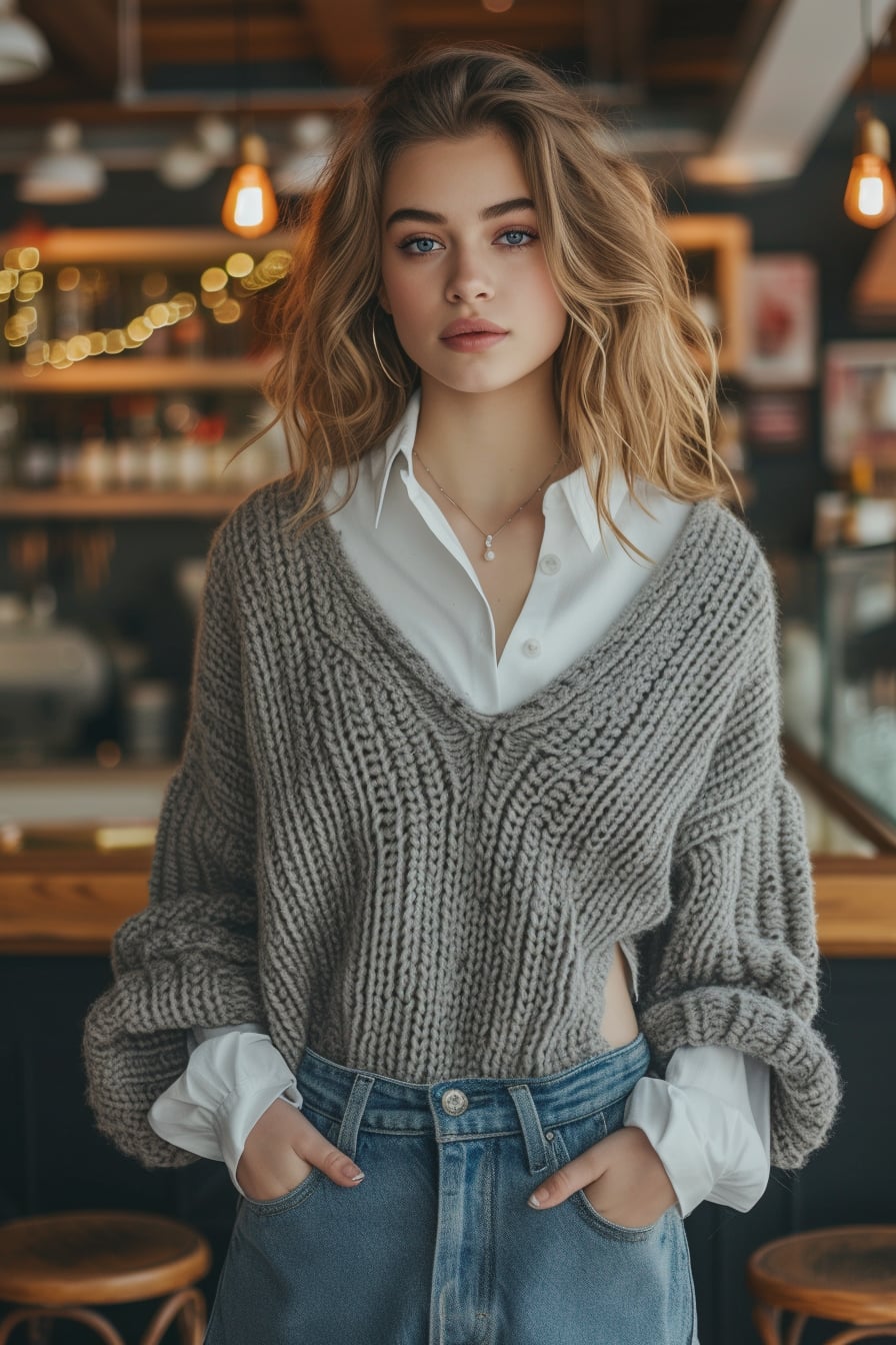  A young woman with loose curls, wearing a chunky knit grey sweater over a white collared shirt, denim skirt, standing in a cozy café, midday.