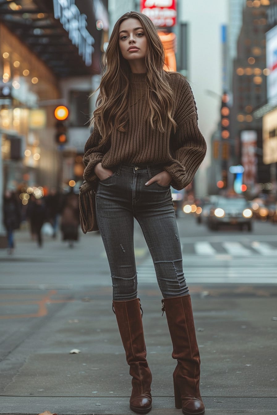  A full-length image of a young woman with long, wavy hair, wearing sleek knee-high boots in a rich chocolate brown, standing in a bustling city street, early evening.