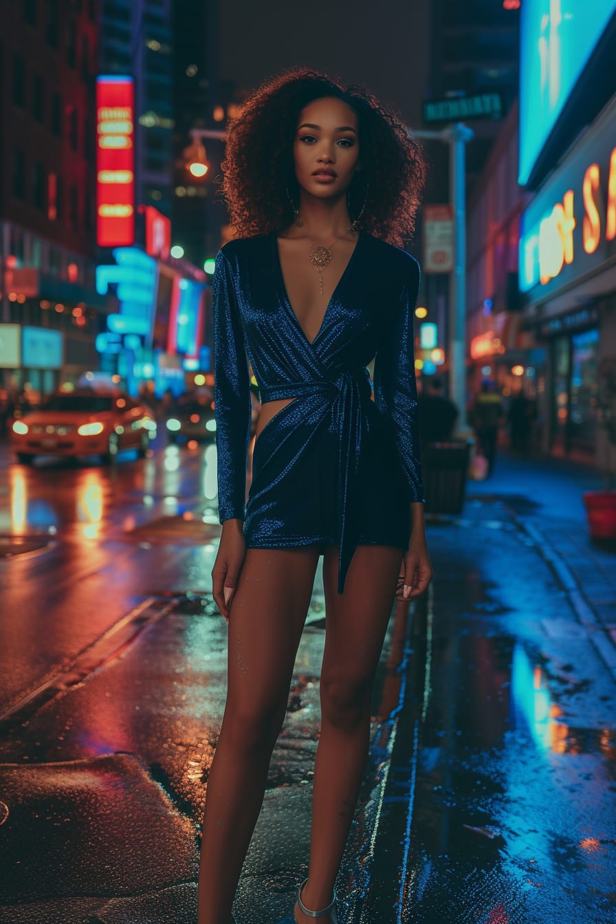  A full-length image of a young woman with styled hair and evening makeup, wearing a dark blue wrap dress with metallic accessories, high heels, standing on a city street at night, surrounded by vibrant nightlife.