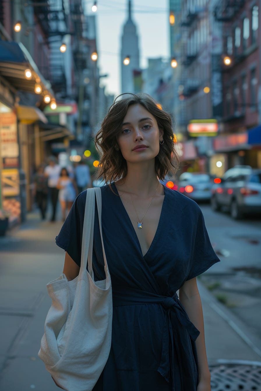  A full-length image of a young woman in a dark blue wrap dress, holding a reusable tote bag, standing on a city street at dusk, showcasing a transition from day to night.
