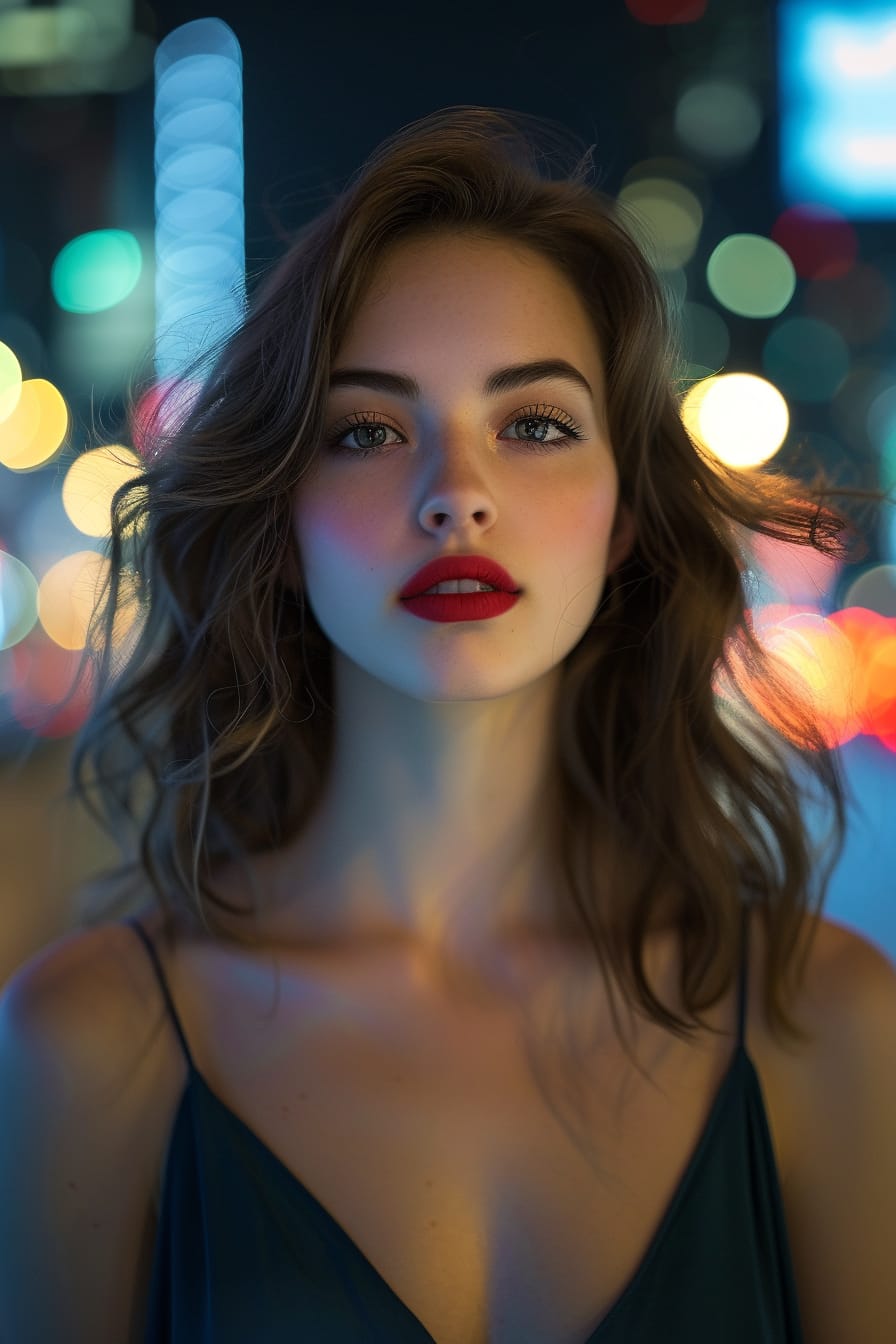  A close-up image of a young woman with smoky eye makeup and bold red lipstick, her hair styled in loose waves, wearing a dark blue dress, blurred city night lights in the background.
