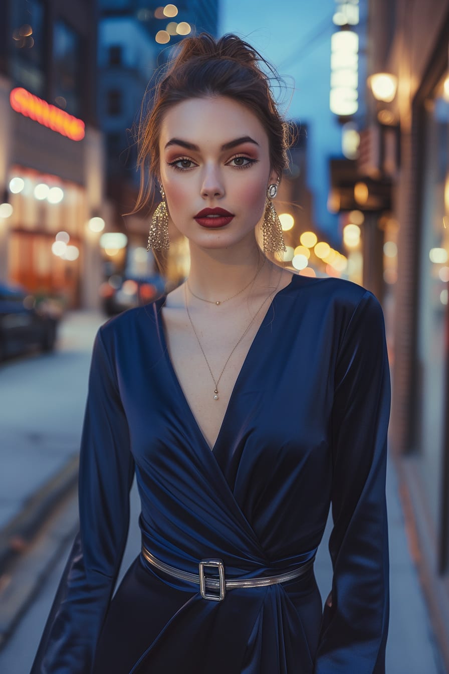  A full-length image of a young woman with her hair tied back, wearing a dark blue wrap dress, accessorized with a metallic belt, statement earrings, and holding a clutch, early evening, city street background with lights starting to illuminate.
