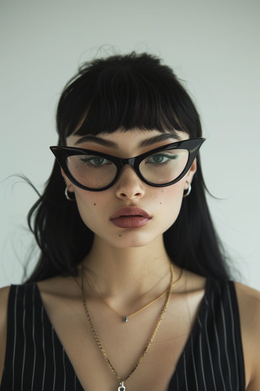  A young woman with sleek black hair, sporting sharp cat-eye glasses with a glossy black frame, posed against a minimalist white background, highlighting the glasses' dramatic shape.
